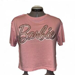 Barbie | Silver Rhinestone Logo Crop Tee | Pink Raw Seam T-Shirt | Size S